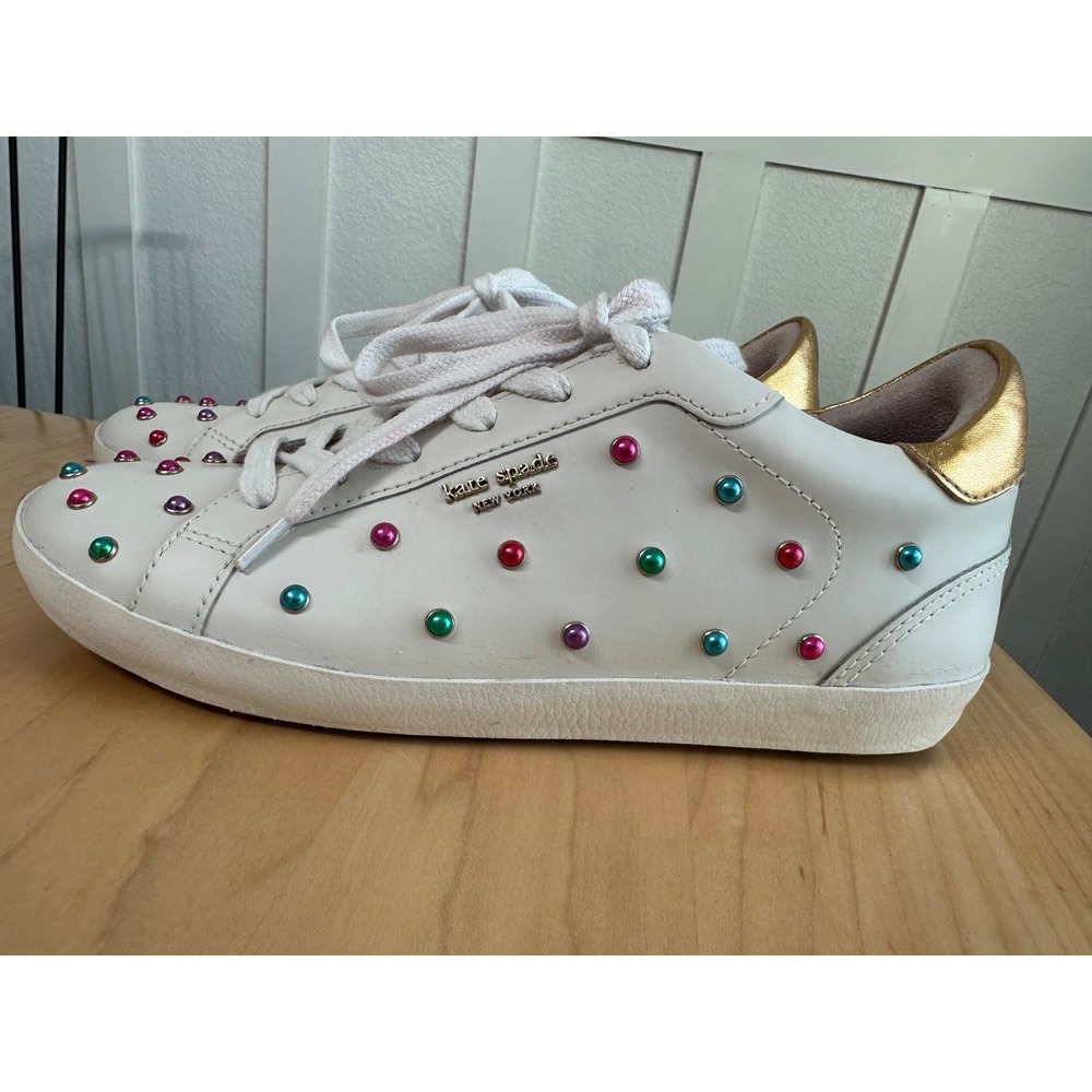 Kate Spade New York Ace Gem White Leather Crystal Stud Sneakers 9.5 K4784